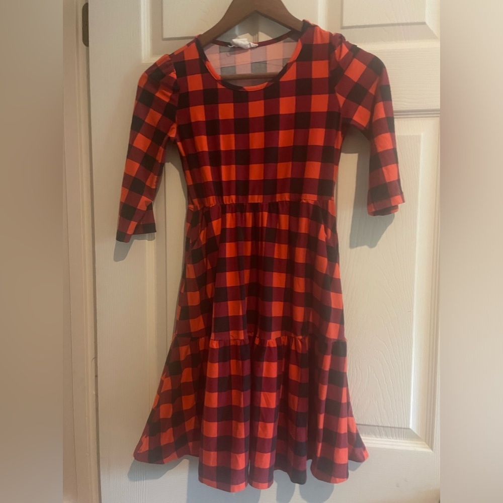 Girls country, red black checkered dress-10